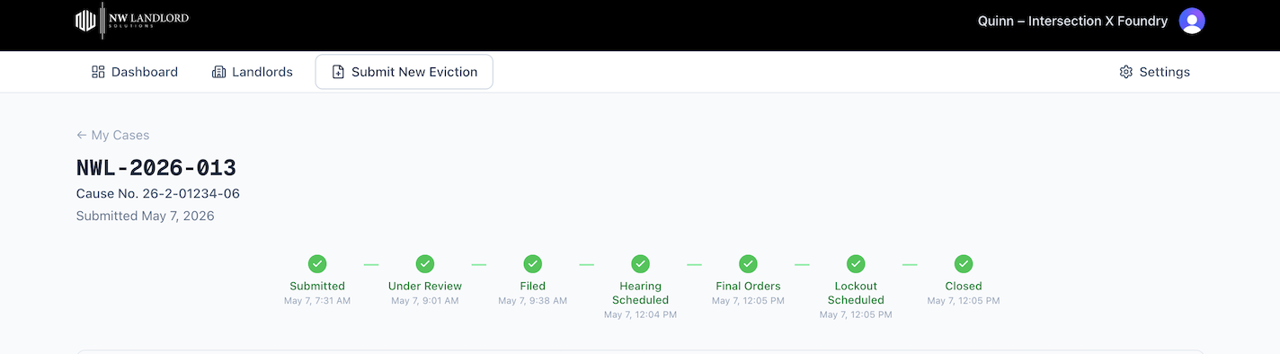 NW Landlord Solutions client portal case detail progress tracker and notice information